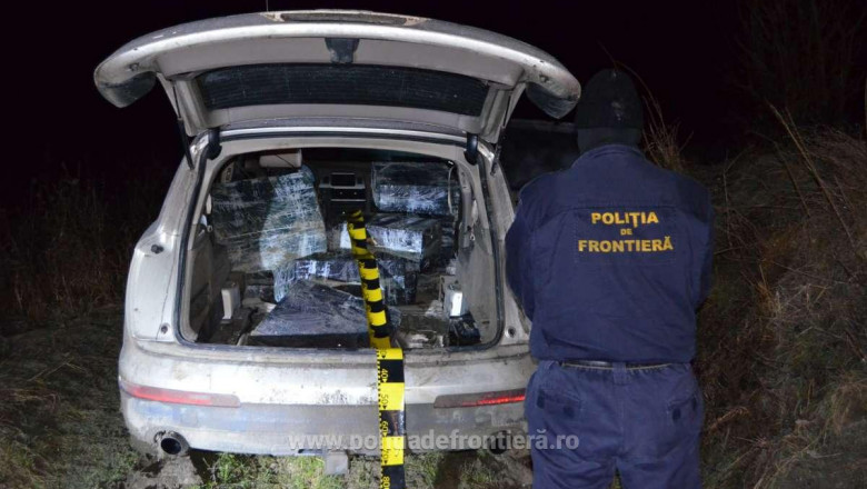 Poliția de Frontieră a capturat un Audi Q7 plin cu țigări, după ce traficanții au rămas cu el împotmolit încercând să fugă - politia-1609238669.jpg