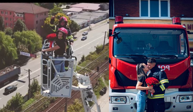 Un pompier din Petroșani şi-a cerut iubita de soţie într-o nacelă de intervenţie, la 35 de metri înălţime - pompier-1632935134.jpg