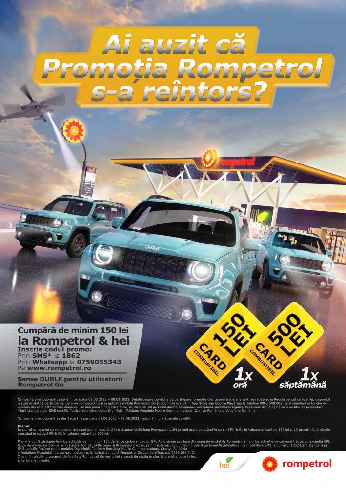 Promoția de vară din stațiile Rompetrol se reîntoarce. Puteţi câştiga trei automobile Jeep Renegade şi peste 1.100 de carduri Fill & Go de carburant - postercampaniedevararompetroldow-1654846508.jpg