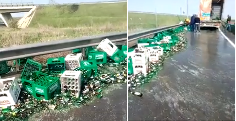 VIDEO. Un tir cu bere și-a pierdut încărcătura, la ieșire de pe Autostrada Soarelui - untitled-1556183598.jpg